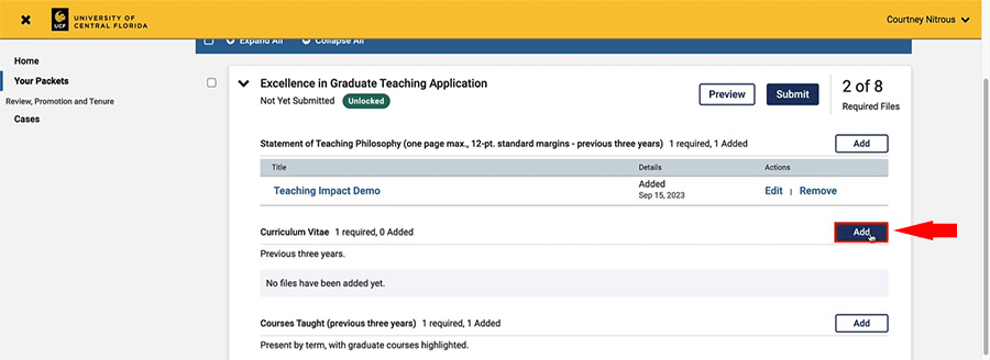 ucf interfolio introduction add document button