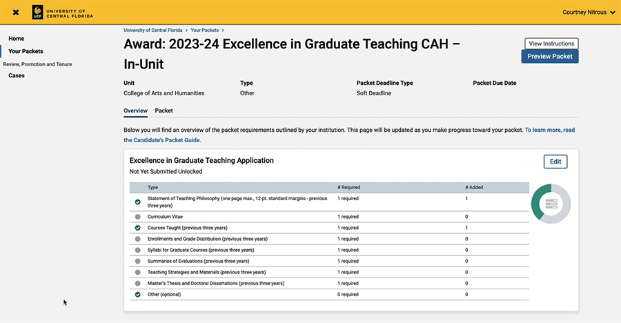 ucf interfolio introduction award overview screen